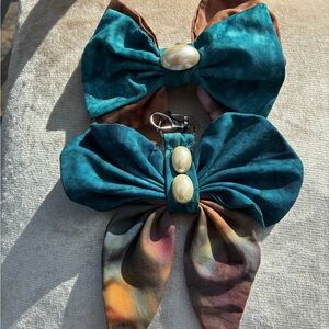 Teal and Brown  handmade 100% cotton bow hair clip and matching keychain